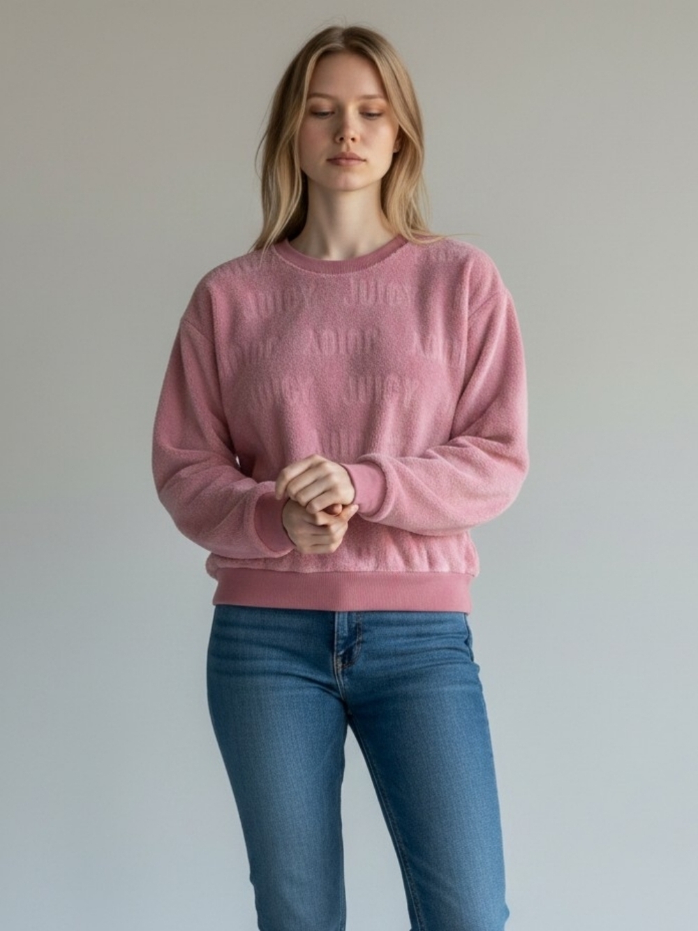Juicy Couture Sweatshirt Embossed Logo Pink Size Small Plush Fleece Crewneck - Picture 2 of 3
